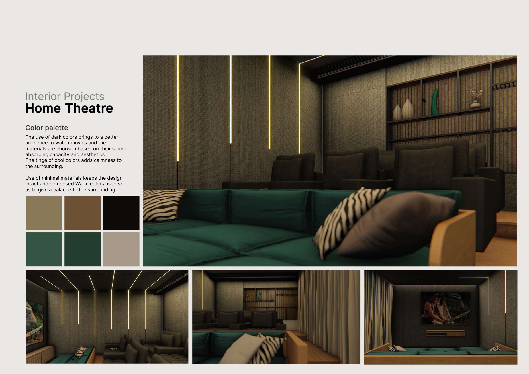 Residential Interior — Home theatre · material palette and renders
