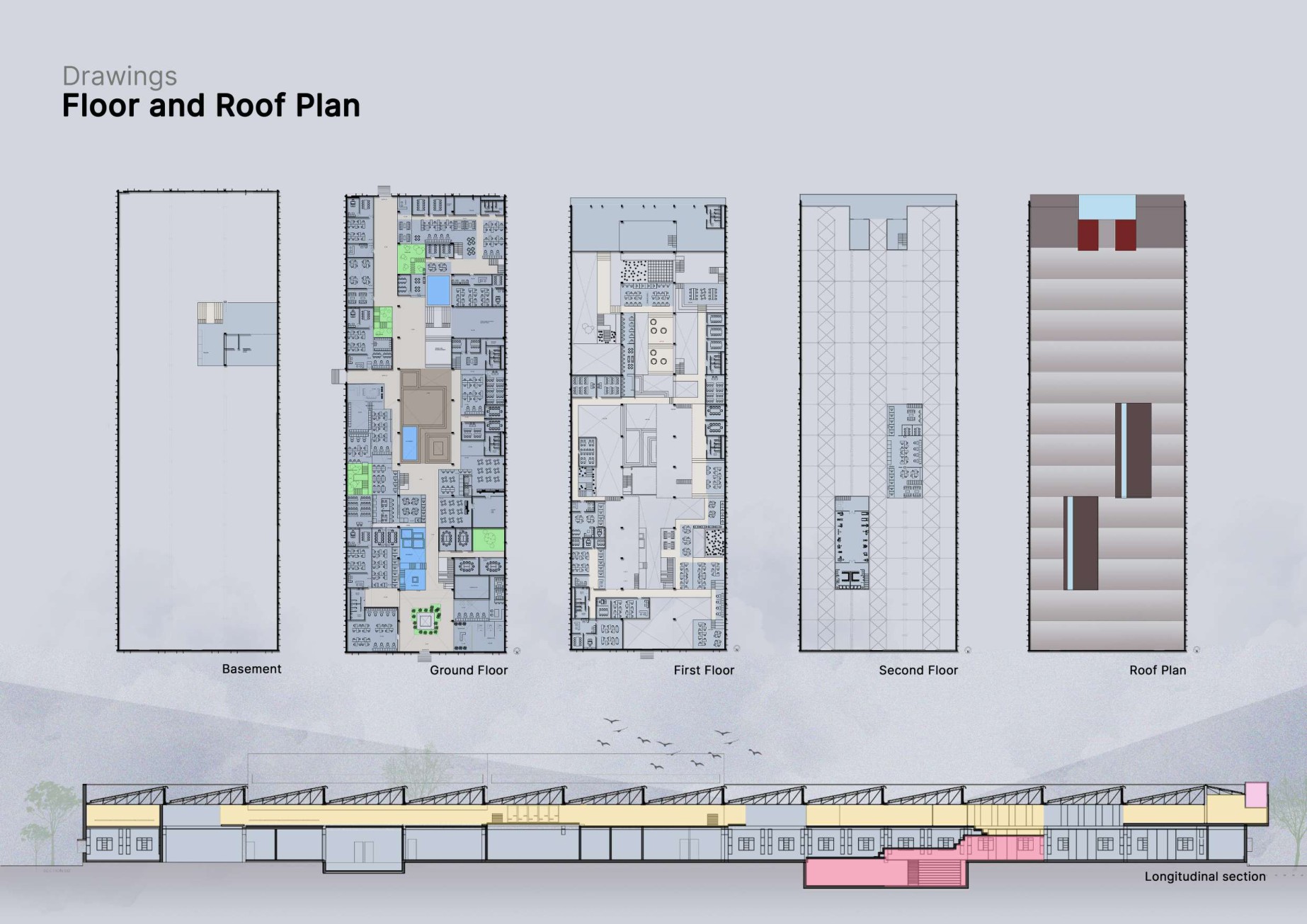 The Rethink Factory — Original floor plans, roof plan and longitudinal section